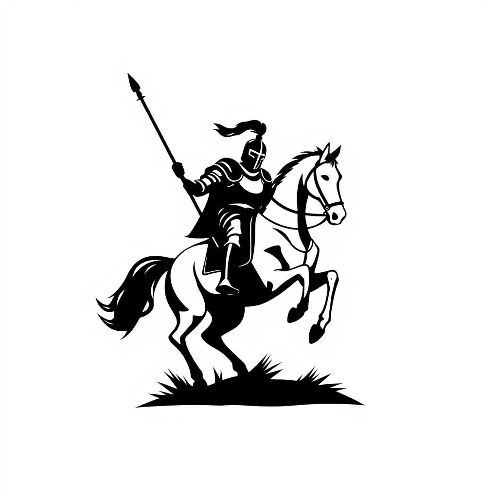 A silhouette logo featuring a knight holding a spear and a flag, while riding a horse that is jumping and looking down