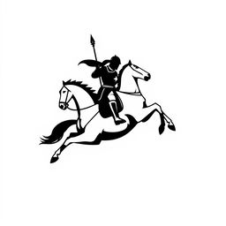 A silhouette logo featuring a knight holding a spear and a flag, while riding a horse that is jumping and looking down