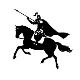 A silhouette logo featuring a knight holding a spear and a flag, while riding a horse that is jumping and looking down