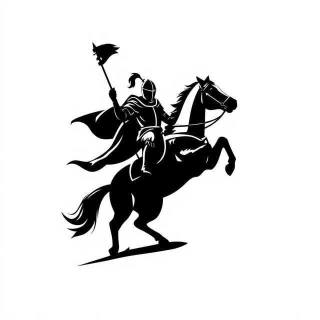 A silhouette logo featuring a knight holding a spear and a flag, while riding a horse that is jumping and looking down