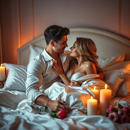 A captivating scene depicting intimacy and connection between a couple in an elegant bedroom setting