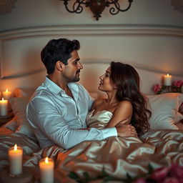 A captivating scene depicting intimacy and connection between a couple in an elegant bedroom setting