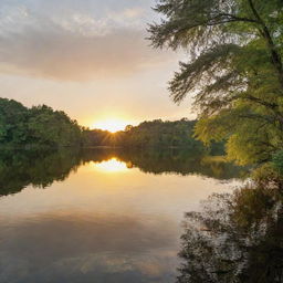 A golden sunset over a serene lake, dappled with soft ripples and surrounded by lush, green foliage.