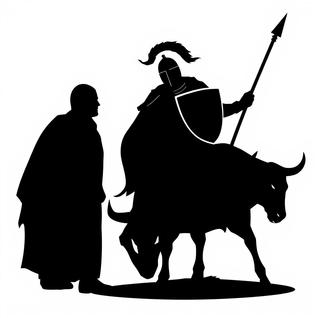 A silhouette logo of two knights facing each other