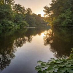 A golden sunset over a serene lake, dappled with soft ripples and surrounded by lush, green foliage.