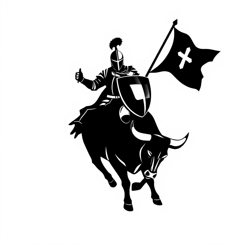 A silhouette logo of a knight holding a spear, a flag, and a shield while riding a bull that is looking down