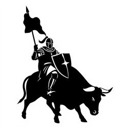 A silhouette logo of a knight holding a spear, a flag, and a shield while riding a bull that is looking down