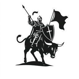 A silhouette logo of a knight holding a spear, a flag, and a shield while riding a bull that is looking down