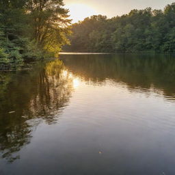 A golden sunset over a serene lake, dappled with soft ripples and surrounded by lush, green foliage.