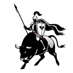 A silhouette logo of a knight holding a spear, a flag, and a shield while riding a bull that is looking down