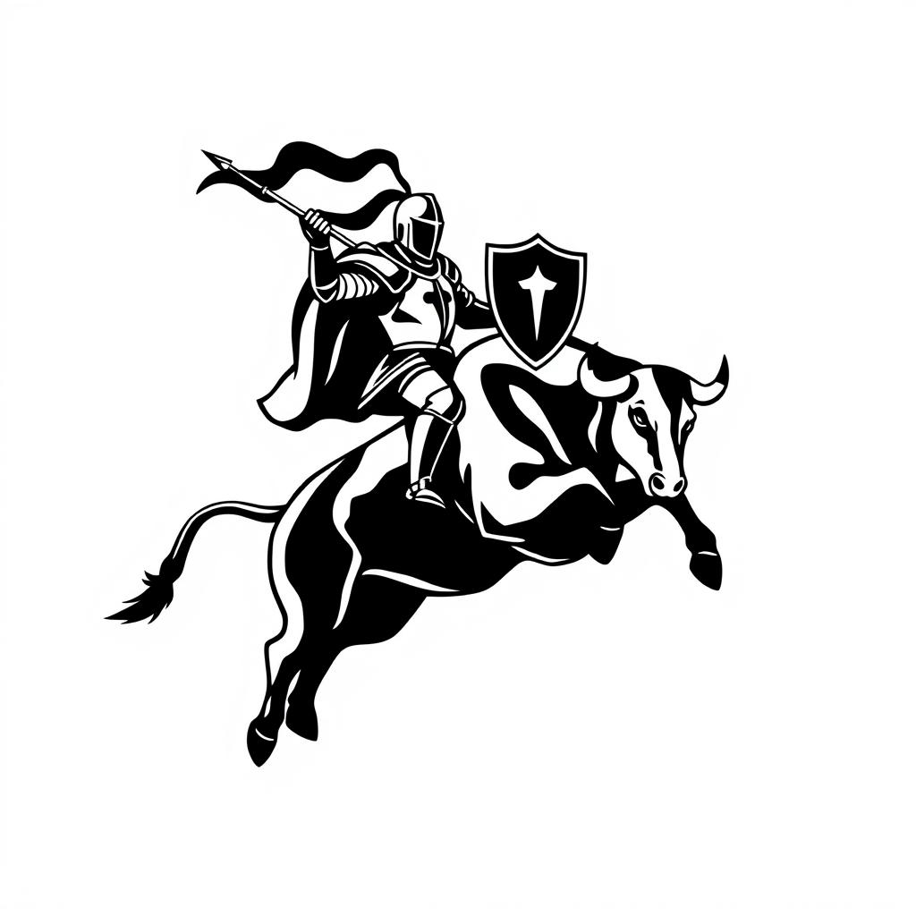 A silhouette logo of a knight holding a spear, a flag, and a shield while riding a jumping bull that is looking down