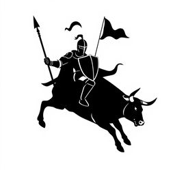 A silhouette logo of a knight holding a spear, a flag, and a shield while riding a jumping bull that is looking down