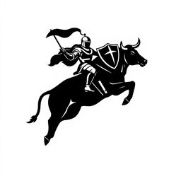 A silhouette logo of a knight holding a spear, a flag, and a shield while riding a jumping bull that is looking down