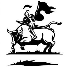 A silhouette logo of a knight holding a spear, a flag, and a shield while riding a jumping bull that is looking down