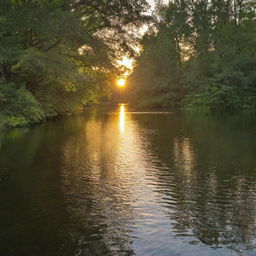 A golden sunset over a serene lake, dappled with soft ripples and surrounded by lush, green foliage.