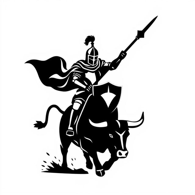 A silhouette logo of a knight holding a spear, a flag, and a shield while riding a running bull that is looking down