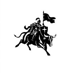 A silhouette logo of a knight holding a spear, a flag, and a shield while riding a running bull that is looking down