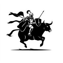 A silhouette logo of a knight holding a spear, a flag, and a shield while riding a running bull that is looking down