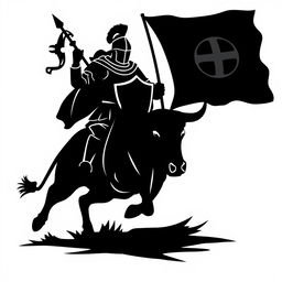 A silhouette logo of a knight holding a spear, a flag, and a shield while riding a running bull that is looking down