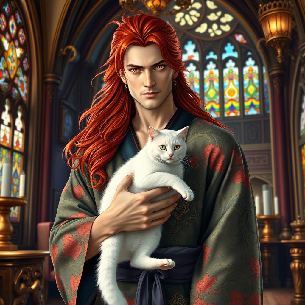 A handsome and powerful man with long flowing red hair, striking yellow eyes, is elegantly dressed in colorful kimonos adorned with intricate patterns