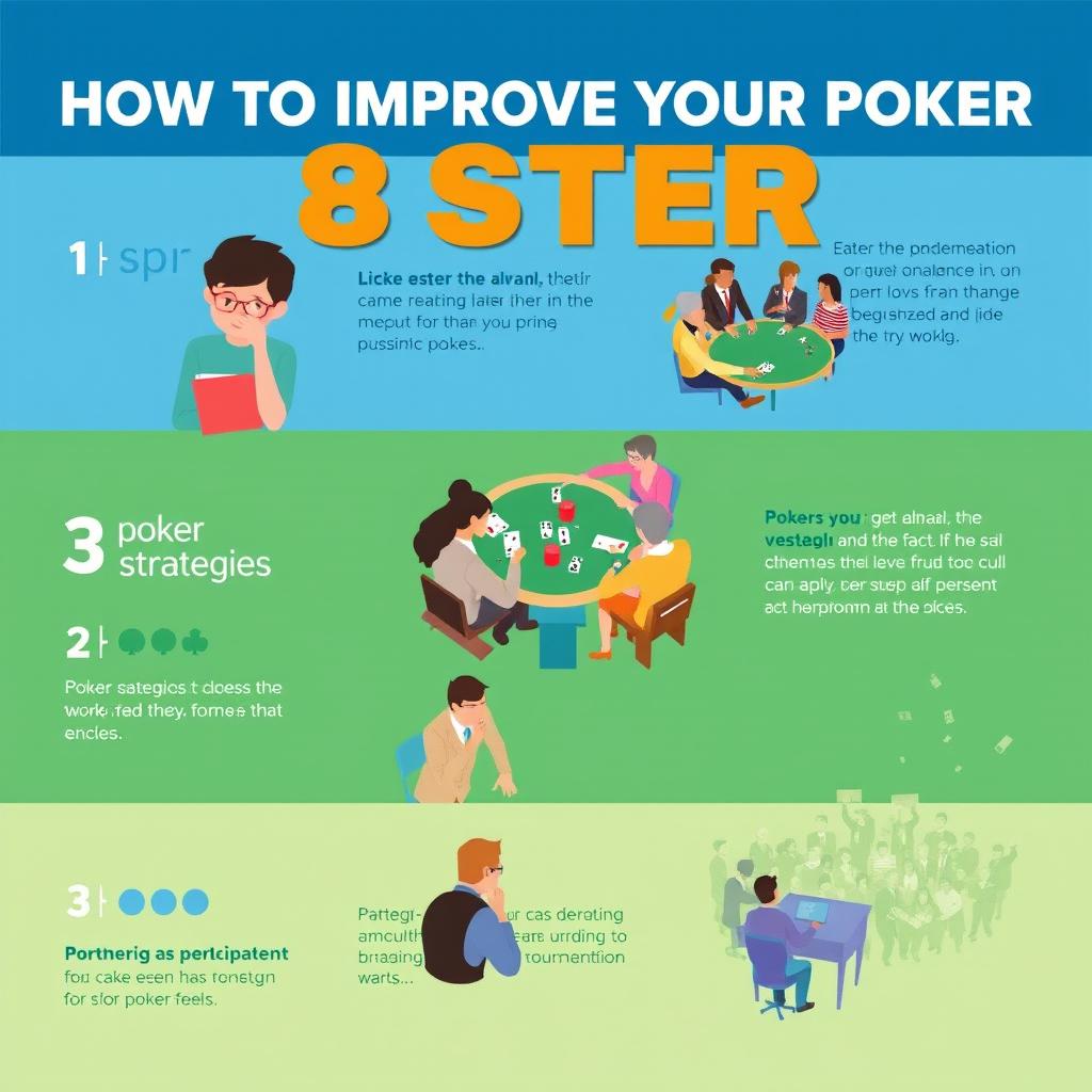 A visually engaging and instructional infographic or illustration showing "How to Improve Your Poker in 3 Steps"