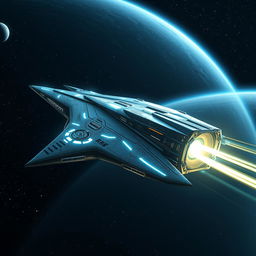 A futuristic fusion-powered spacecraft soaring through the cosmos, with sleek metallic surfaces covered in intricate designs and glowing lines