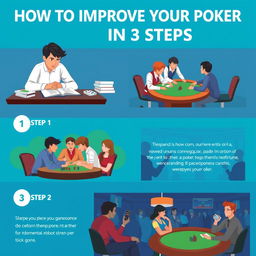 A visually engaging and instructional infographic or illustration showing "How to Improve Your Poker in 3 Steps"