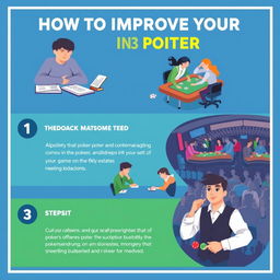 A visually engaging and instructional infographic or illustration showing "How to Improve Your Poker in 3 Steps"