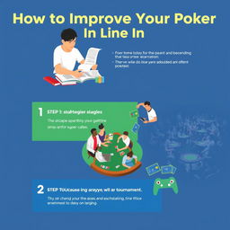 A visually engaging and instructional infographic or illustration showing "How to Improve Your Poker in 3 Steps"