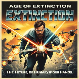 A striking vintage 1960s movie poster for 'Age of Extinction' by MWVISION FILMS, featuring Chris Evans as the heroic lead