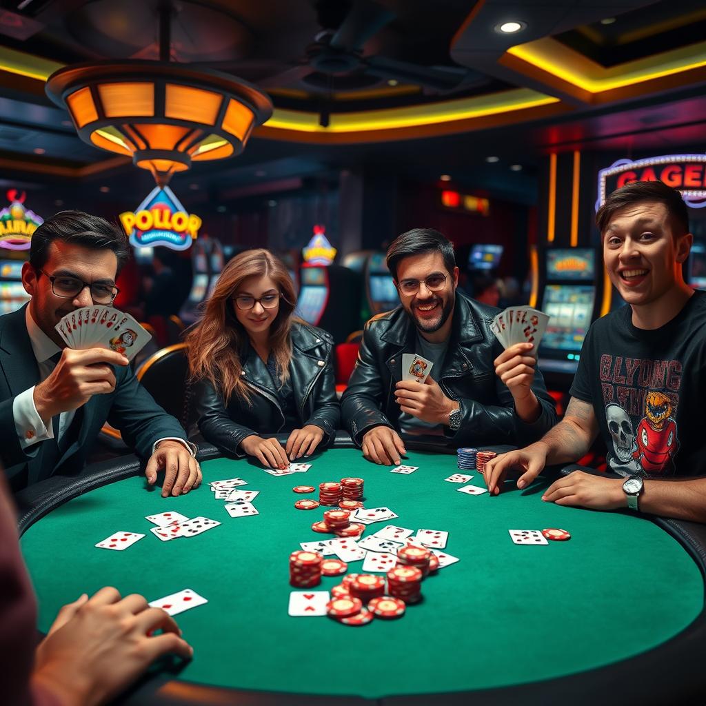 An intense poker game taking place in a dimly lit casino, featuring four players at a round table