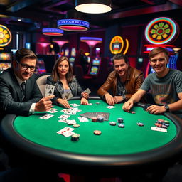 An intense poker game taking place in a dimly lit casino, featuring four players at a round table