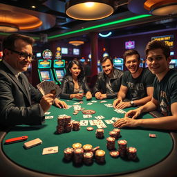 An intense poker game taking place in a dimly lit casino, featuring four players at a round table