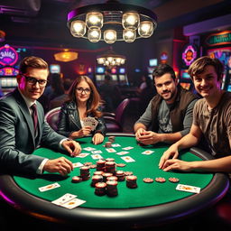 An intense poker game taking place in a dimly lit casino, featuring four players at a round table