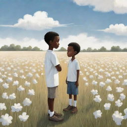 A captivating children's book-style cartoon illustration showcasing an African American boy standing alone in an expansive field, dressed in white, creating a poignant contrast with his surroundings.