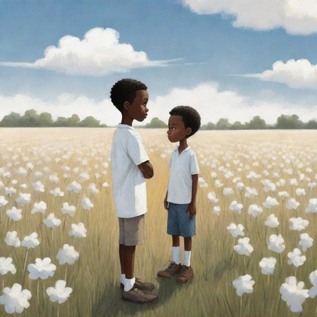 A captivating children's book-style cartoon illustration showcasing an African American boy standing alone in an expansive field, dressed in white, creating a poignant contrast with his surroundings.