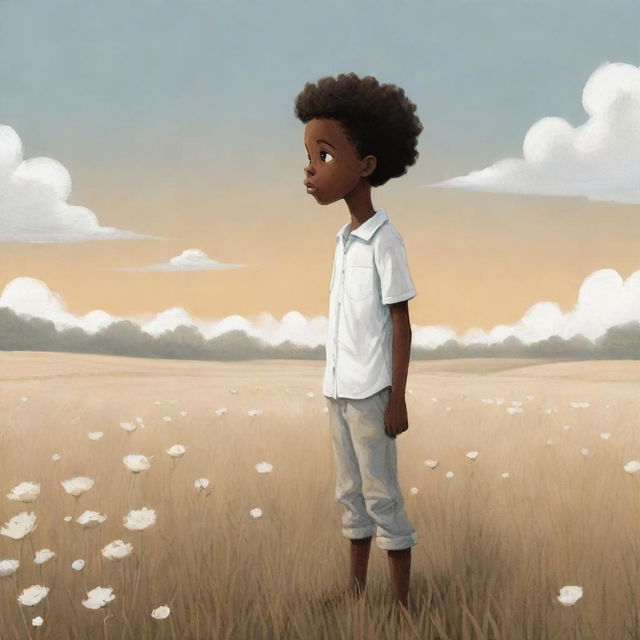 A captivating children's book-style cartoon illustration showcasing an African American boy standing alone in an expansive field, dressed in white, creating a poignant contrast with his surroundings.