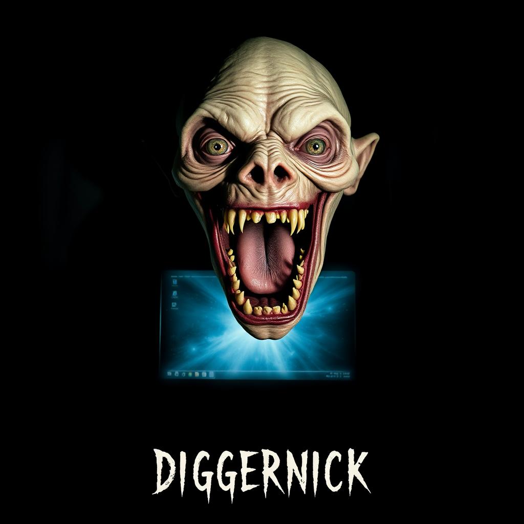 A movie poster for a horror film titled "Diggernick", featuring a strange, deformed creature with an unnaturally wide-open mouth, looming ominously in front of a flickering computer screen