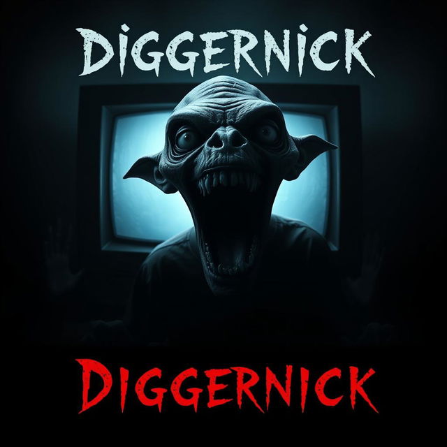 A movie poster for a horror film titled "Diggernick", featuring a strange, deformed creature with an unnaturally wide-open mouth, looming ominously in front of a flickering computer screen