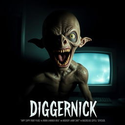 A movie poster for a horror film titled "Diggernick", featuring a strange, deformed creature with an unnaturally wide-open mouth, looming ominously in front of a flickering computer screen