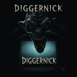 A movie poster for a horror film titled "Diggernick", featuring a strange, deformed creature with an unnaturally wide-open mouth, looming ominously in front of a flickering computer screen