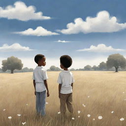 A captivating children's book-style cartoon illustration showcasing an African American boy standing alone in an expansive field, dressed in white, creating a poignant contrast with his surroundings.