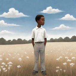 A captivating children's book-style cartoon illustration showcasing an African American boy standing alone in an expansive field, dressed in white, creating a poignant contrast with his surroundings.