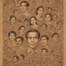 Incorporate stylized, doodle-like representations of renowned Filipino painters such as Fernando Amorsolo, Juan Luna, and Benedicto Cabrera into the lively, brown-shaded poster about Filipino arts.