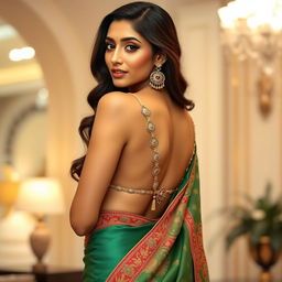 A stunning Indian woman resembling Kiara Advani, gracefully wearing an elegant backless saree, showcasing intricate embroidery and vibrant colors