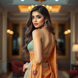 A stunning Indian woman resembling Kiara Advani, gracefully wearing an elegant backless saree, showcasing intricate embroidery and vibrant colors