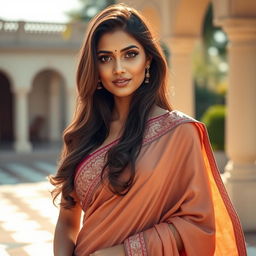 A captivating Indian woman resembling Kiara Advani, elegantly adorned in a blouseless saree that gracefully flows around her body