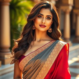 A captivating Indian woman resembling Kiara Advani, elegantly adorned in a blouseless saree that gracefully flows around her body