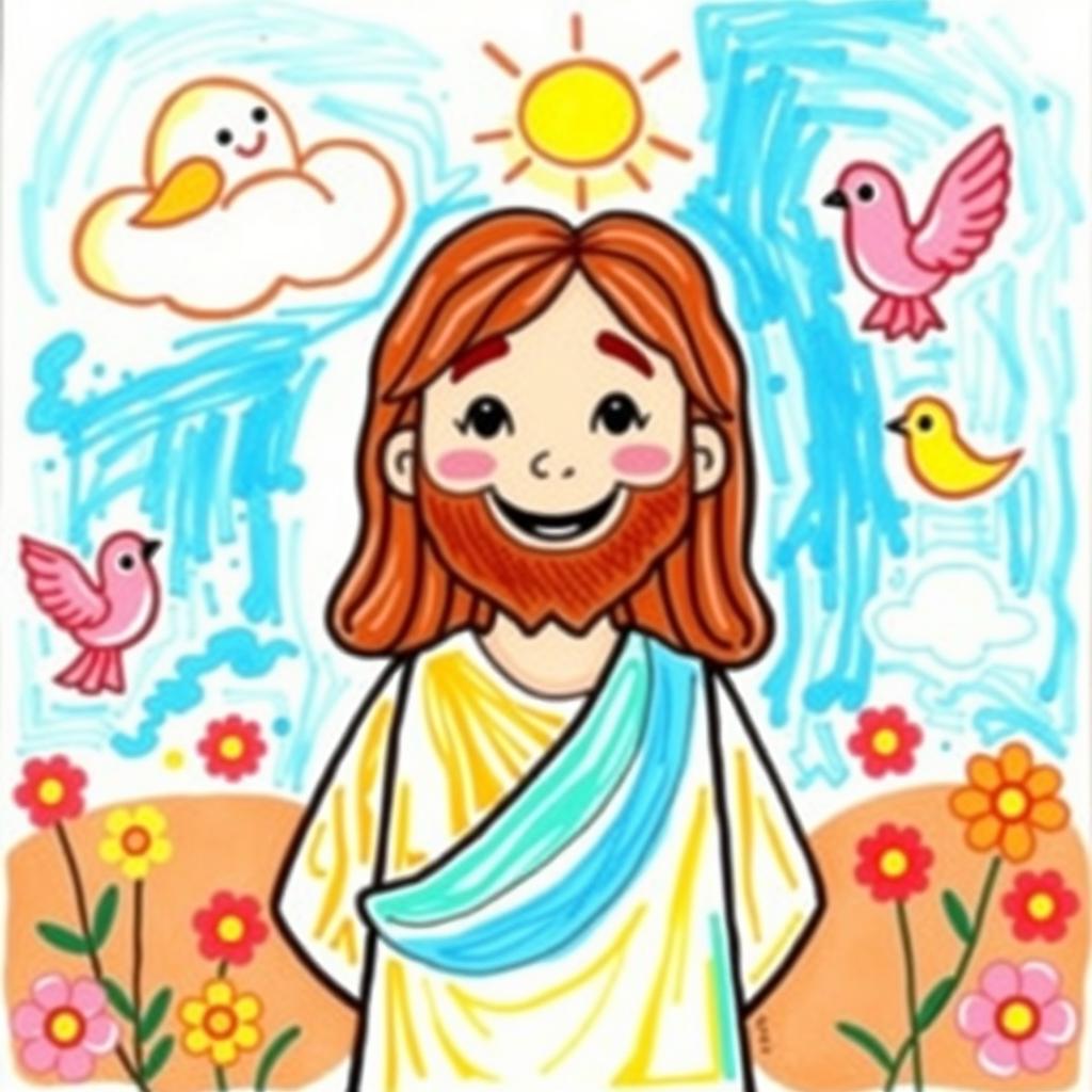 A playful and colorful children's drawing of Jesus, depicted in a friendly and approachable manner