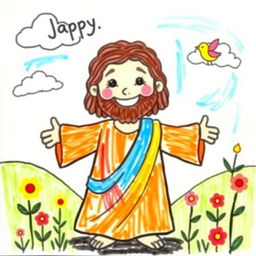 A playful and colorful children's drawing of Jesus, depicted in a friendly and approachable manner